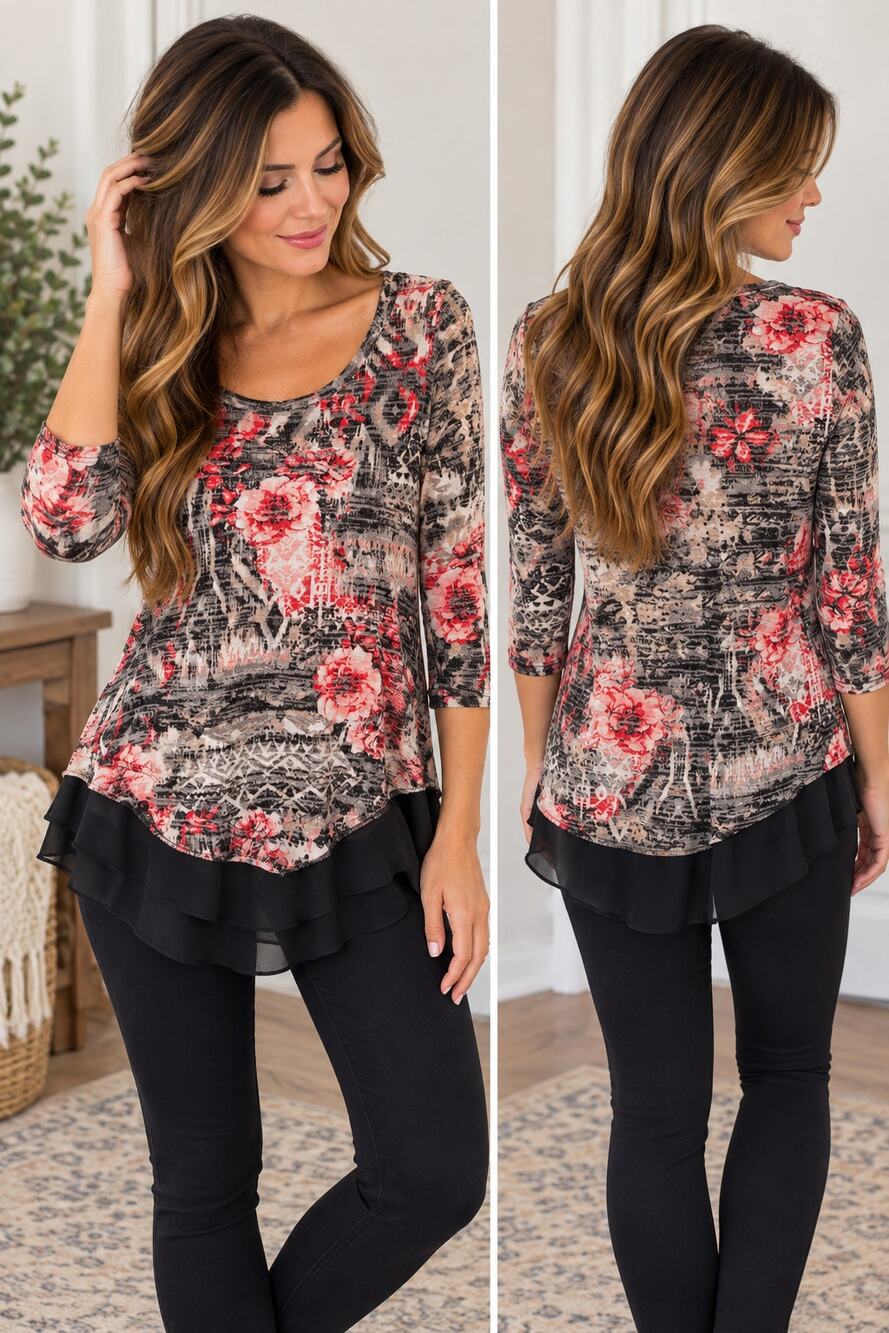 French Laundry Floral Tunic Top Red Black Gray Layered Hem Size M